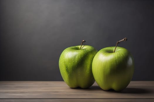 Green apple on a wooden table with dark background, shallow depth of field. The concept of healthy eating. ai generative