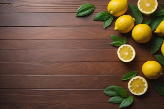 Lemon and slice of lemon on wooden background. Top view. ai generative
