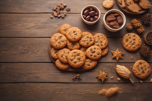 Cookies on a wooden table. Top view. ai generative