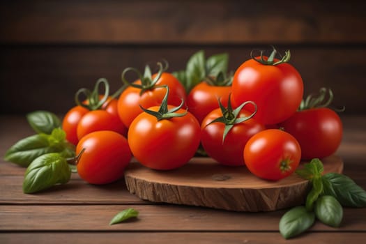 Tomatoes on a wooden table on a dark background. ai generative