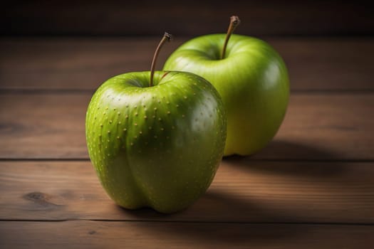 Green apple on a wooden table with dark background, shallow depth of field. The concept of healthy eating. ai generative