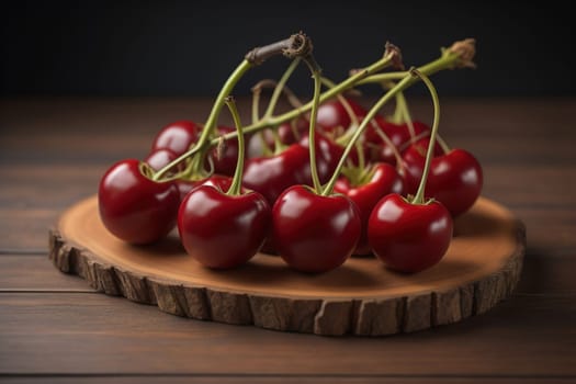 Red cherries on a wooden background. Close up. Selective focus. ai generative