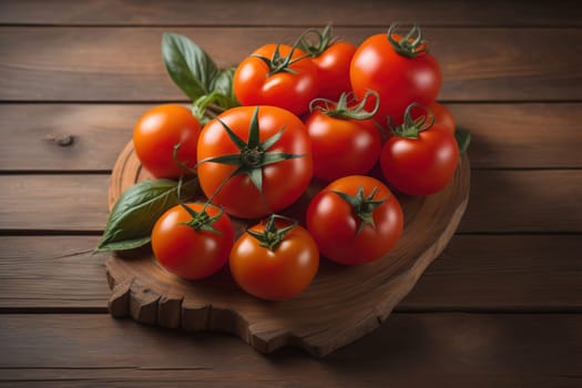 Tomatoes on a wooden table on a dark background. ai generative