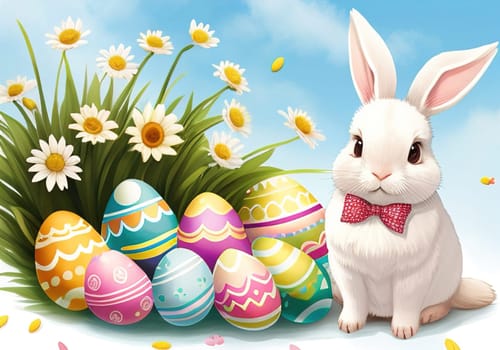 Easter bunny with colorful eggs in nest. ai generative