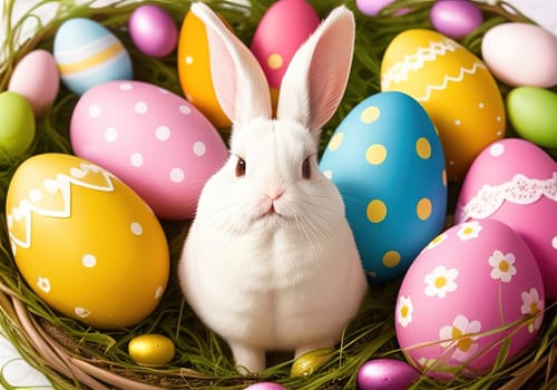 Easter bunny with colorful eggs in nest. ai generative