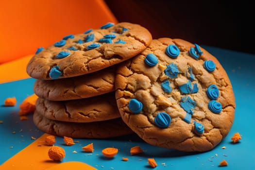Chocolate chip cookies on orange background. Close up. Selective focus. ai generative
