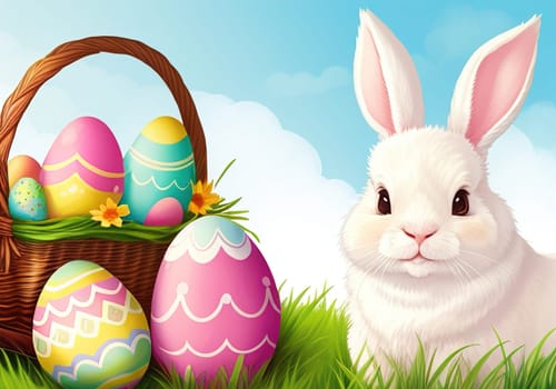 Easter bunny with colorful eggs in nest. ai generative