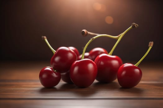 Red cherries on a wooden background. Close up. Selective focus. ai generative