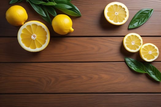 Lemon and slice of lemon on wooden background. Top view. ai generative