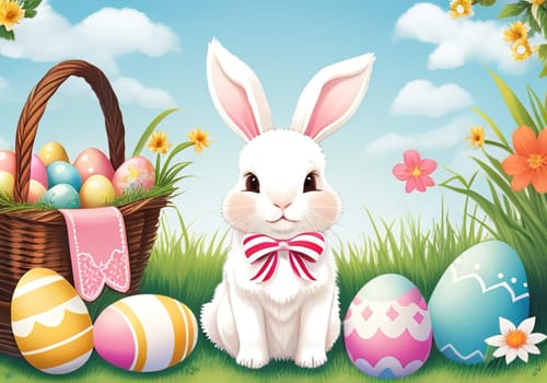 Easter bunny with colorful eggs in nest. ai generative