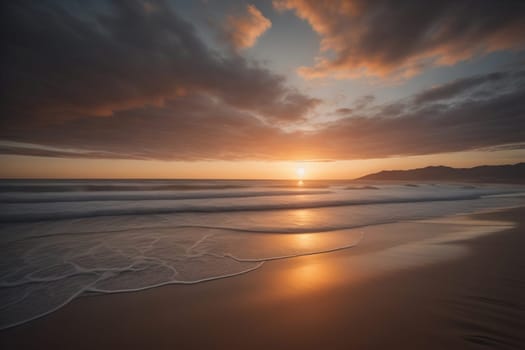 Beautiful sunset on the beach with reflection in the water. Long exposure. ai generative