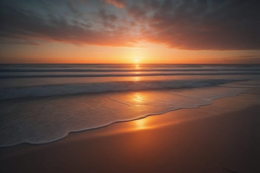 Beautiful sunset on the beach with reflection in the water. Long exposure. ai generative