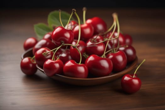 Red cherries on a wooden background. Close up. Selective focus. ai generative