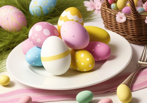 Easter bunny with colorful eggs in nest. ai generative