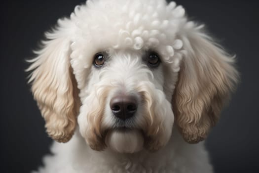 Close-up portrait of a poodle dog on a solid color background. ai generative