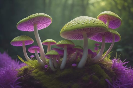 Mushrooms on a solid color background with green moss and water drops. generative ai