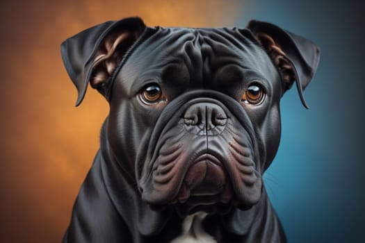 Close up portrait of a cute black dog on a orange background. ai generative