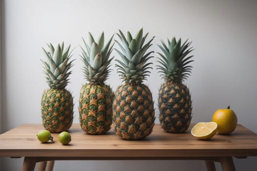 Pineapples on a wooden background. ai generative