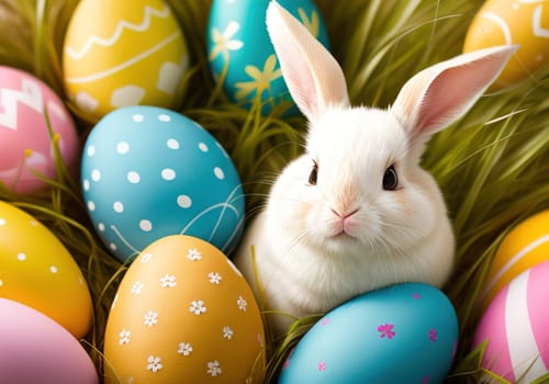 Easter bunny with colorful eggs in nest. ai generative