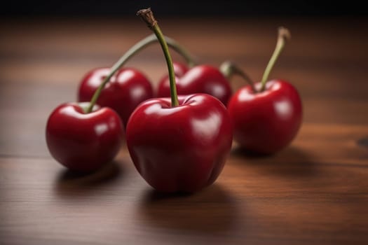 Red cherries on a wooden background. Close up. Selective focus. ai generative