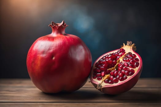 Ripe pomegranate fruit on a wooden background. Still life. ai generative