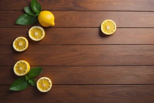 Lemon and slice of lemon on wooden background. Top view. ai generative