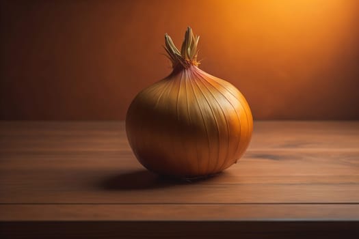 Three onions on a wooden table in front of a solid color background. ai generative