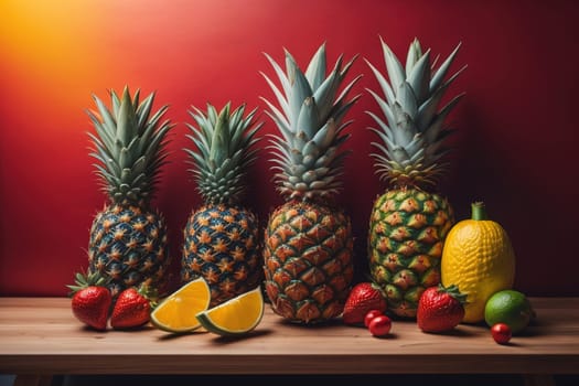 Pineapples on a wooden background. ai generative