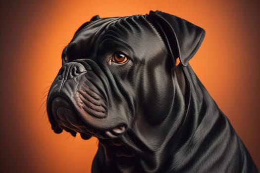 Close up portrait of a cute black dog on a orange background. ai generative