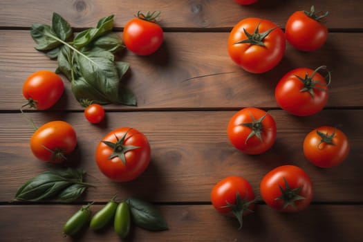 Tomatoes on a wooden table on a dark background. ai generative