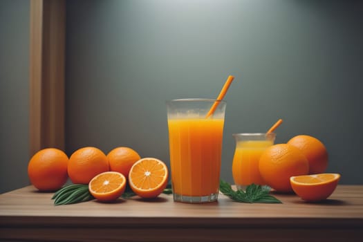 Glass of orange juice and fresh orange fruits. ai generative