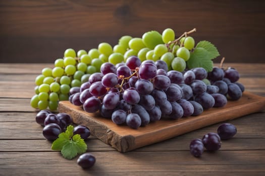 Bunch of fresh grapes on wooden table. Vintage style toned picture. ai generative