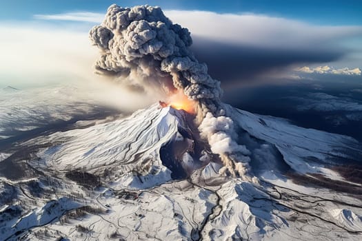 Volcanic eruption in snowy mountains.