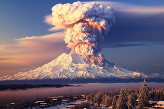 Volcanic eruption in snowy mountains.