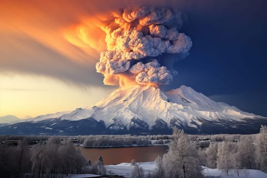 Powerful volcanic eruption in snowy mountains.