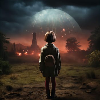 Child girl standing and looking at night rainy city under bright moon at night. New features concept. AI generated