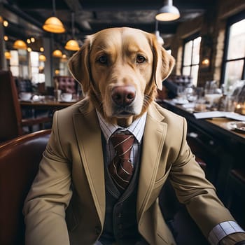Beautiful elegant dog in business suit with tie in cafe. Animals like people concept. AI generated