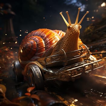 Strange unusual car in shape of snail with shell driving through city at night. Slow car traffic concept. AI generated