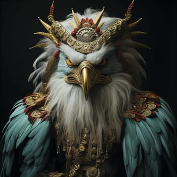 Bird eagle with crown and order on head on black background. Royal character and disposition concept. AI generated