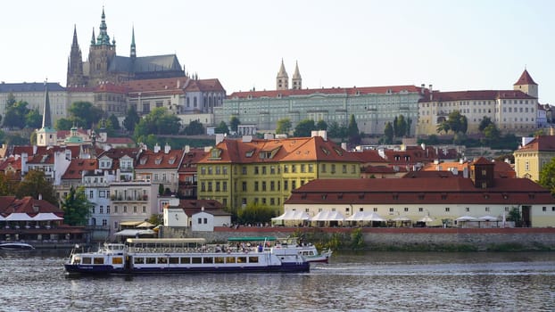 Czech Republic, Prague, September 2023: View from Charles Bridge to Prague Castle and St. Vitus Cathedral.