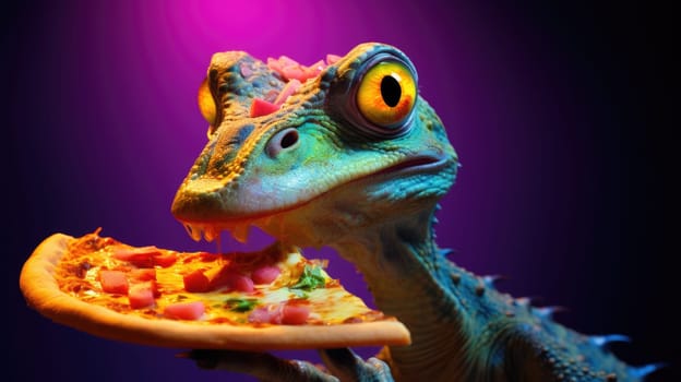 Cartoon alien with big eyes eats pizza. Cosmic delight unfolds as a pizza-loving alien savors a slice, its wide eyes gleaming with joy, in a celestial setting of stars and galaxies.