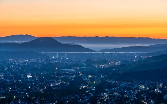 Panoramic image of Bad Neuenahr during sunrise, Ahr, Rhineland-Palatinate, Germany