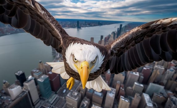 A bald eagle soars over city buildings. The bald eagle is the national symbol of the United States.