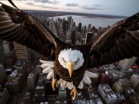 A bald eagle soars over city buildings. The bald eagle is the national symbol of the United States.