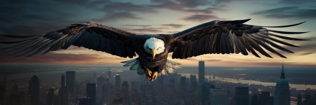 A bald eagle soars over city buildings. The bald eagle is the national symbol of the United States.