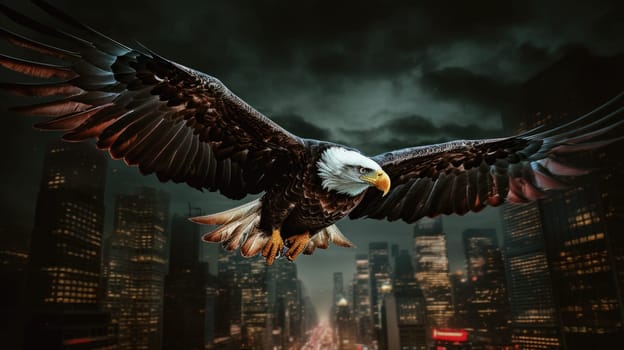 A bald eagle soars over city buildings. The bald eagle is the national symbol of the United States.