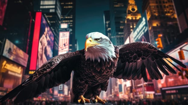 A bald eagle soars over city buildings. The bald eagle is the national symbol of the United States.