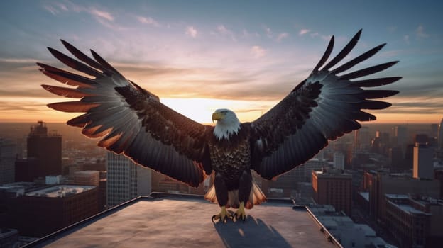 A bald eagle soars over city buildings. The bald eagle is the national symbol of the United States.