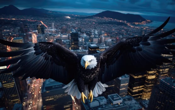 A bald eagle soars over city buildings. The bald eagle is the national symbol of the United States.