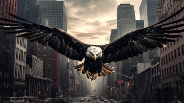 A bald eagle soars over city buildings. The bald eagle is the national symbol of the United States.